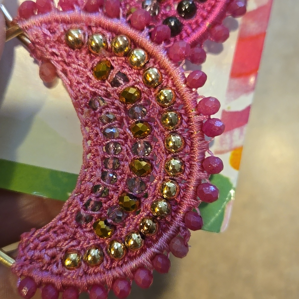 New Lilly Pulitzer Bougainvillea Pink Statement Hoop Crochet Beaded Earrings - Picture 9 of 10